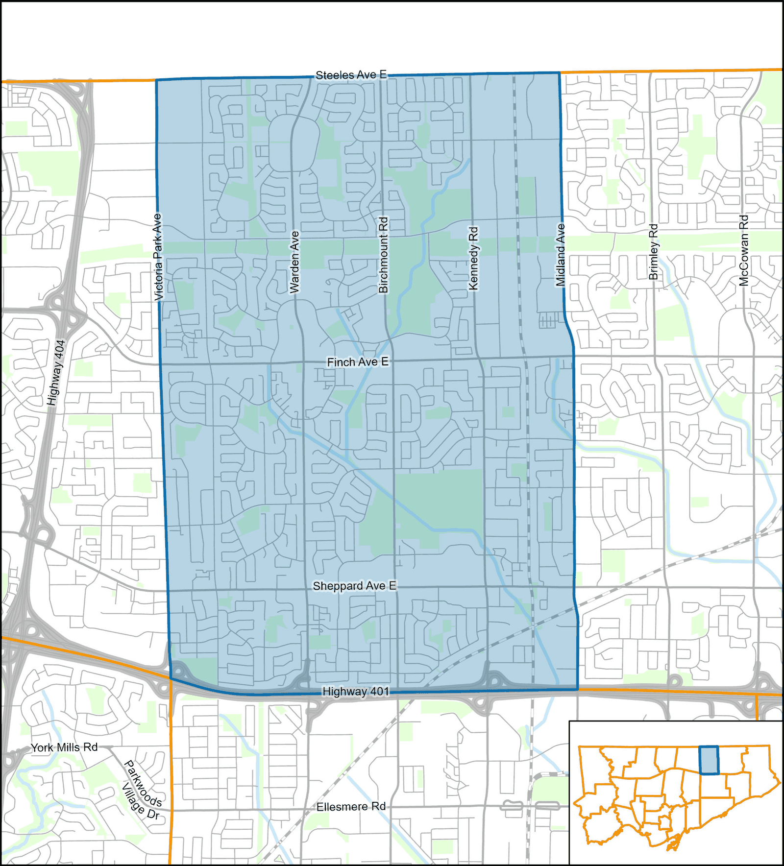 City of Toronto map of Ward 22, Scarborough—Agincourt, with the ward boundary shaded in blue between Steeles Avenue East, Highway 401, Victoria Park Avenue, and Midland Avenue